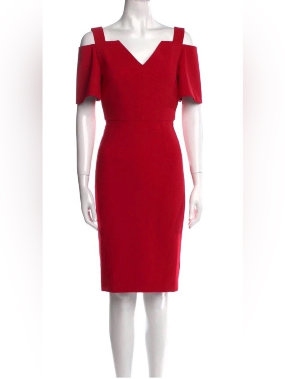 Roland Mouret Red Cold Shoulder Sheath Midi Dress US 8 Designer Cocktail